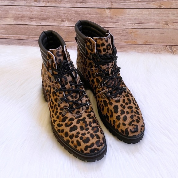 Timberland Women’s London Square Cheetah Print Calf Hair Combat Boot Mid Hiker - Picture 4 of 9